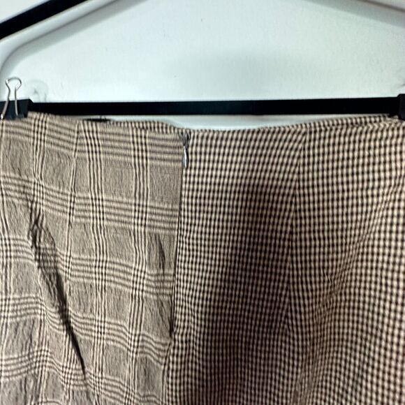 Mango Brown Plaid Checkerboard Mix Fabric Side Ruffle ALine Back Zip Skirt Med - Picture 7 of 11
